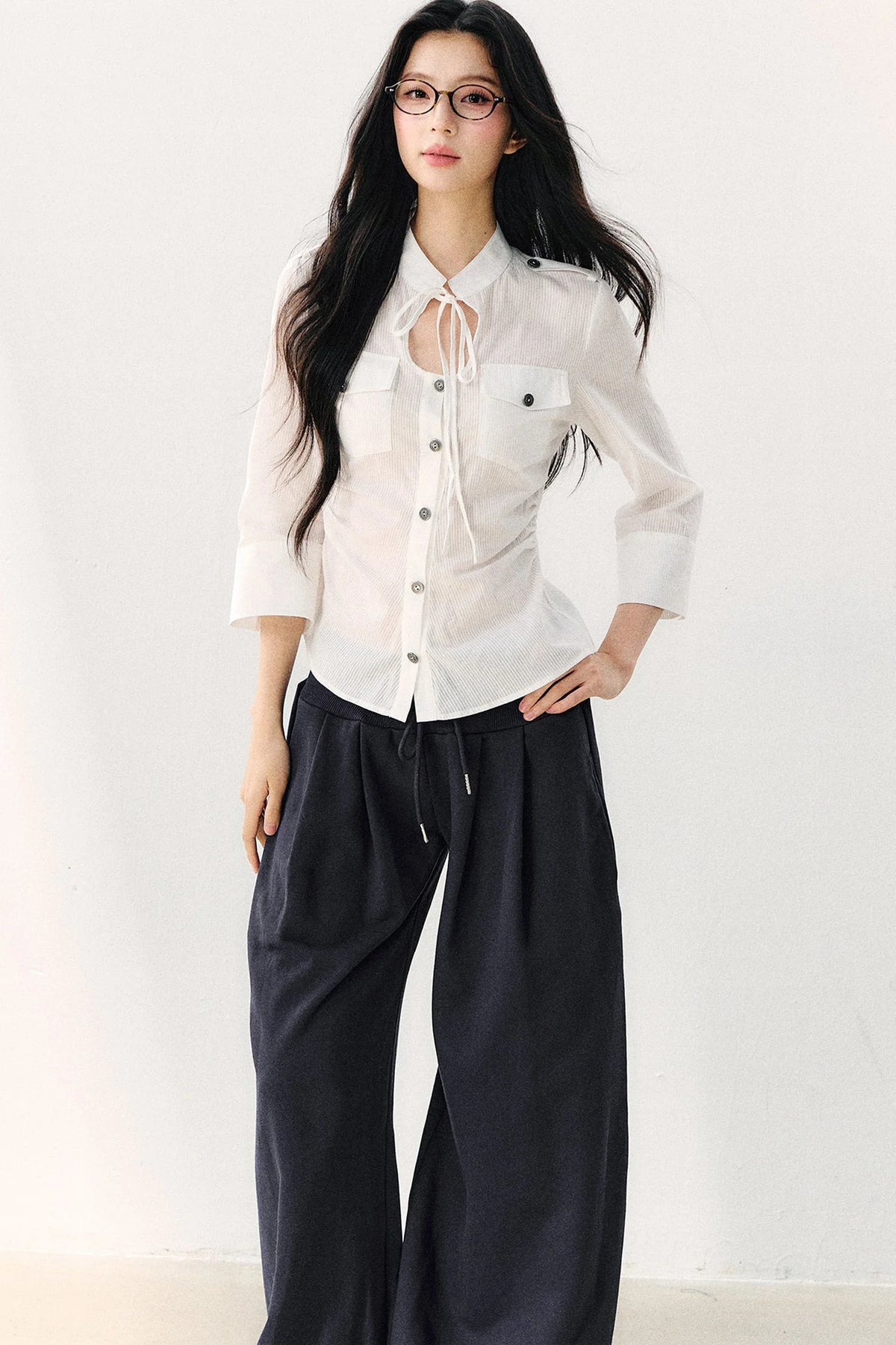 Pure Cotton Tie Neck Three-Quarter Sleeve Shirt