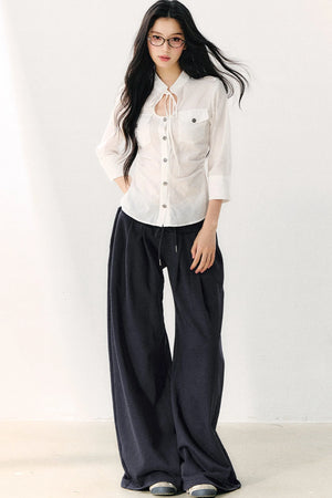 Pure Cotton Tie Neck Three-Quarter Sleeve Shirt