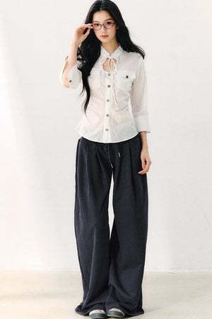 Pure Cotton Tie Neck Three-Quarter Sleeve Shirt