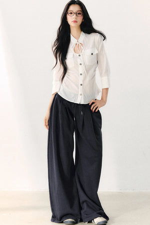 Pure Cotton Tie Neck Three-Quarter Sleeve Shirt