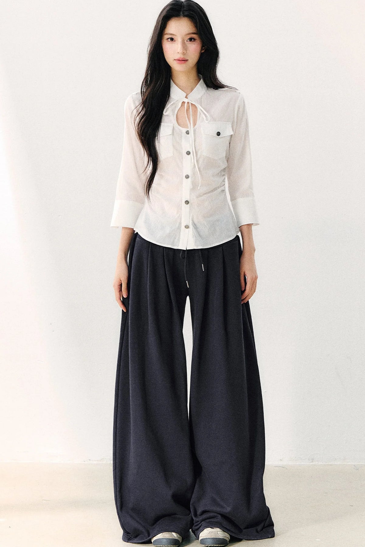 Pure Cotton Tie Neck Three-Quarter Sleeve Shirt