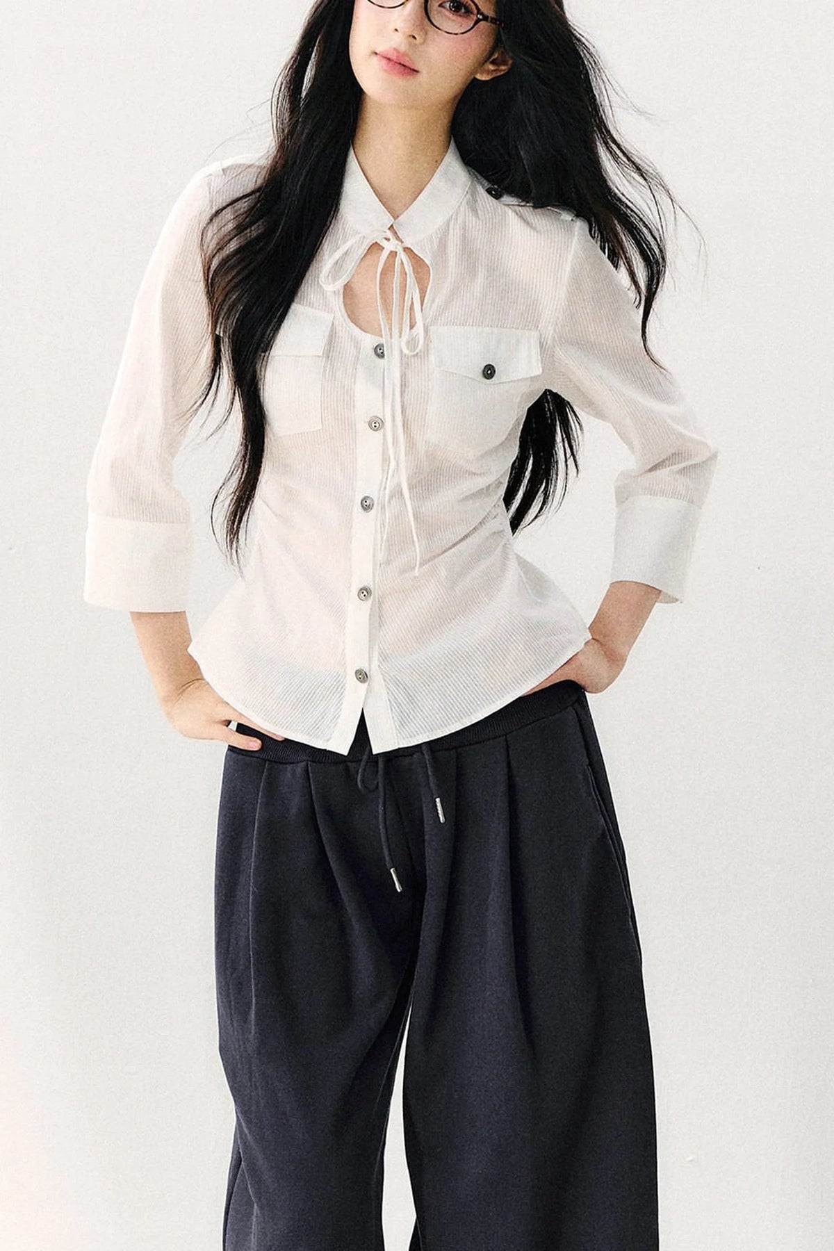 Pure Cotton Tie Neck Three-Quarter Sleeve Shirt