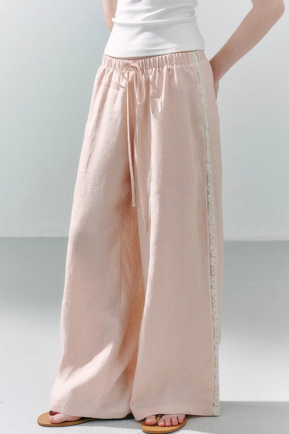 Pure Linen Lace-Trimmed Wide Leg Pants