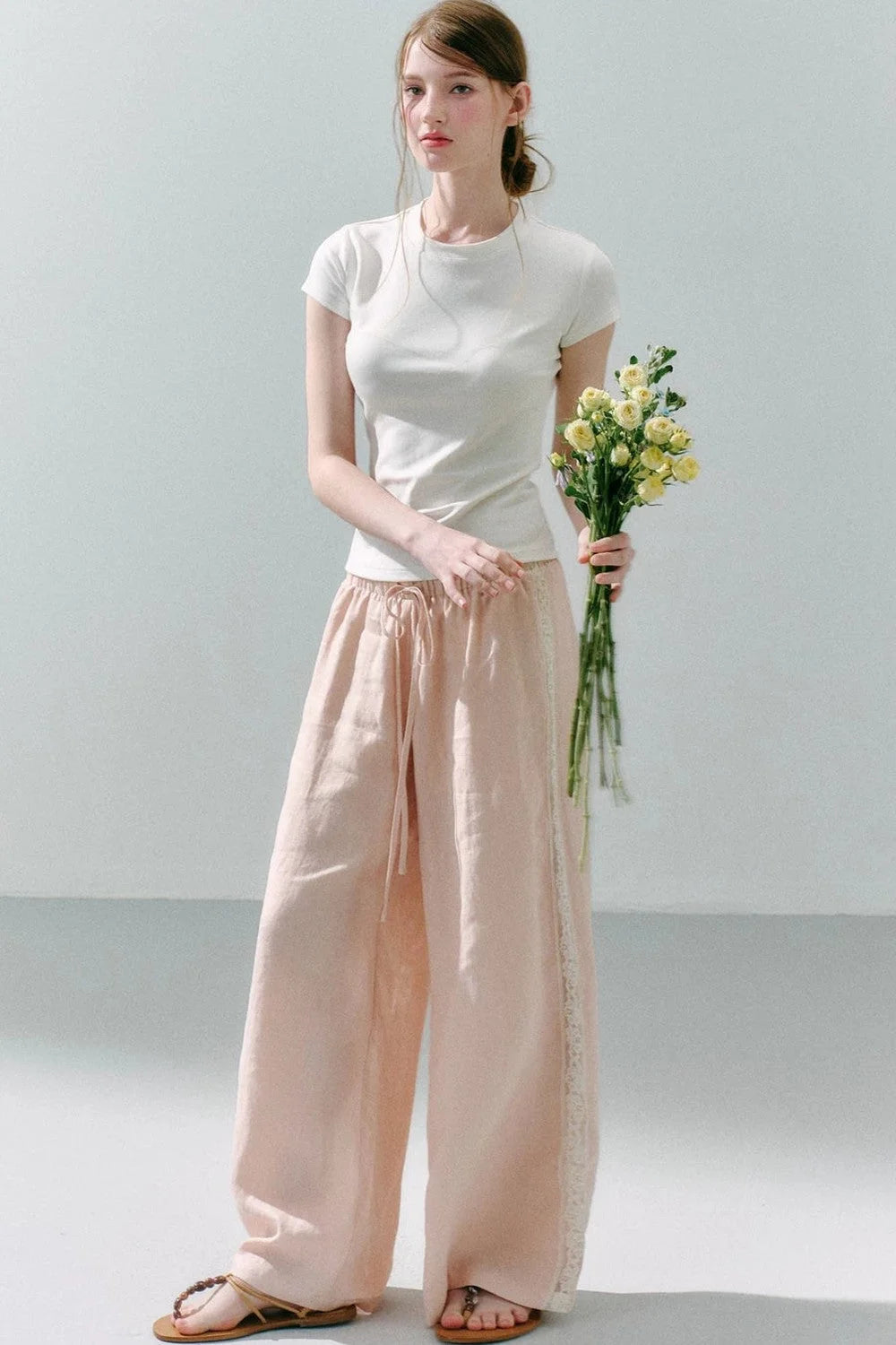 Pure Linen Lace-Trimmed Wide Leg Pants