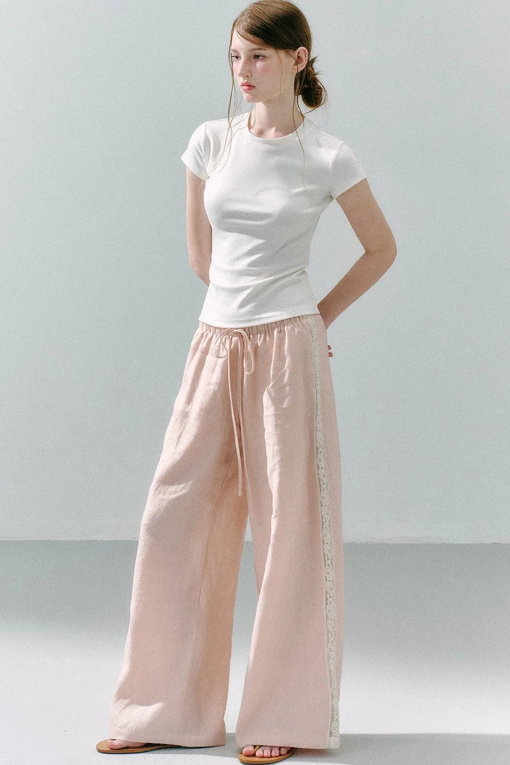 Pure Linen Lace-Trimmed Wide Leg Pants