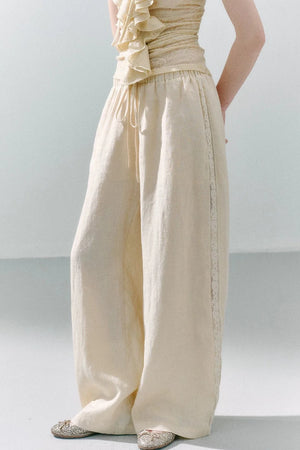 Pure Linen Lace-Trimmed Wide Leg Pants