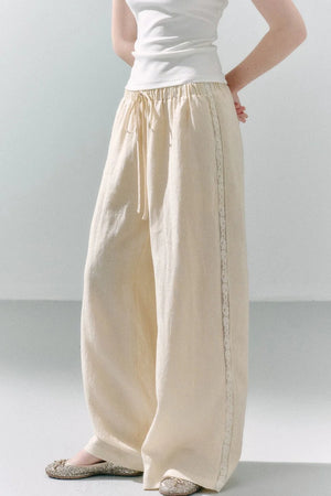 Pure Linen Lace-Trimmed Wide Leg Pants