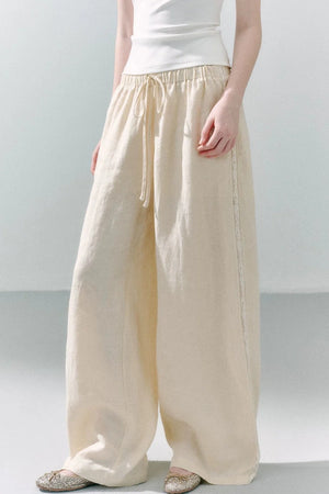 Pure Linen Lace-Trimmed Wide Leg Pants