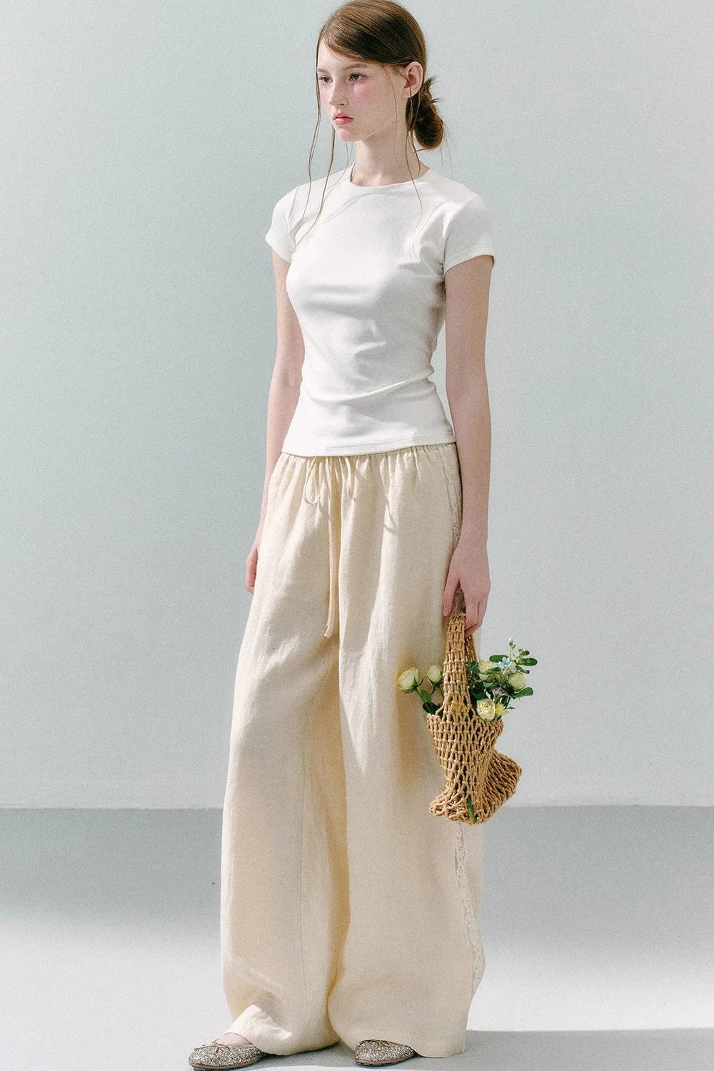 Pure Linen Lace-Trimmed Wide Leg Pants