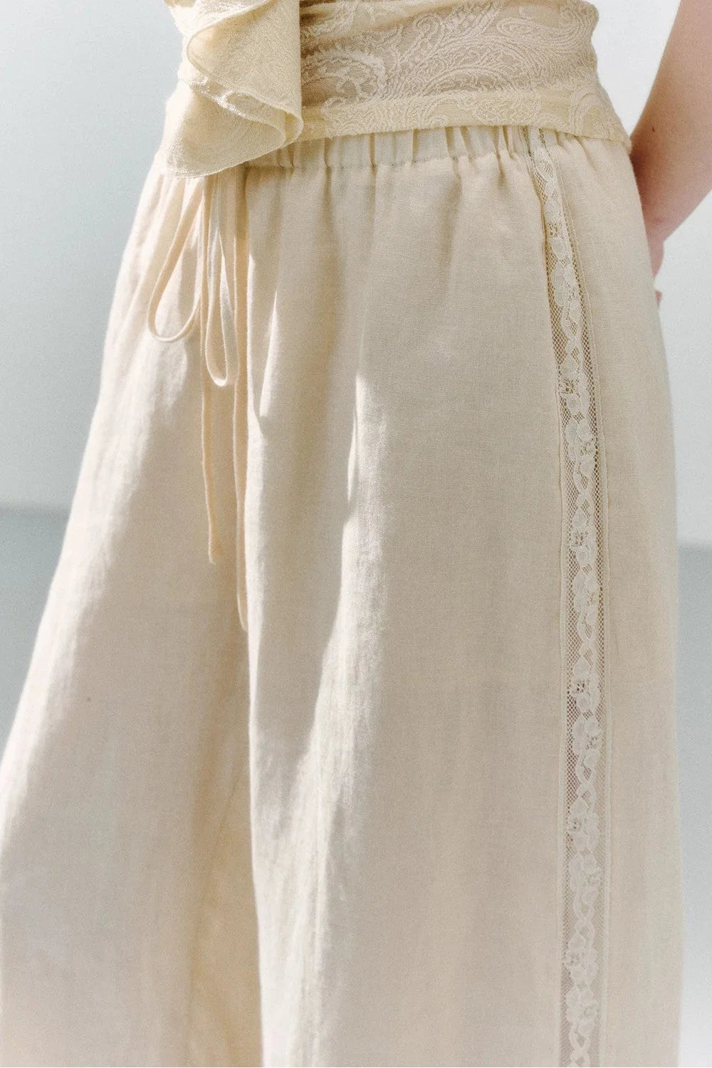 Pure Linen Lace-Trimmed Wide Leg Pants
