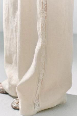 Pure Linen Lace-Trimmed Wide Leg Pants
