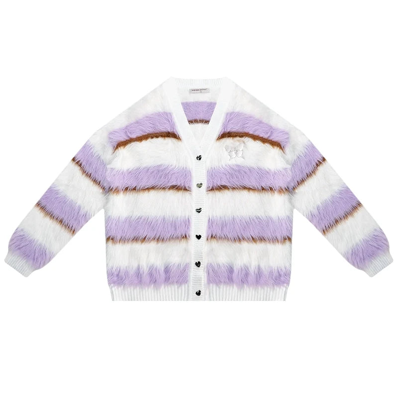Purple and White Striped Knitted Cardigan
