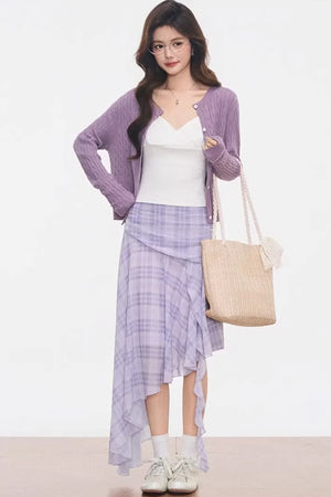 Purple Cardigan Plaid Skirt Set-Up