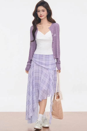 Purple Cardigan Plaid Skirt Set-Up