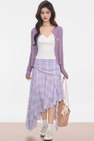 Purple Cardigan Plaid Skirt Set-Up