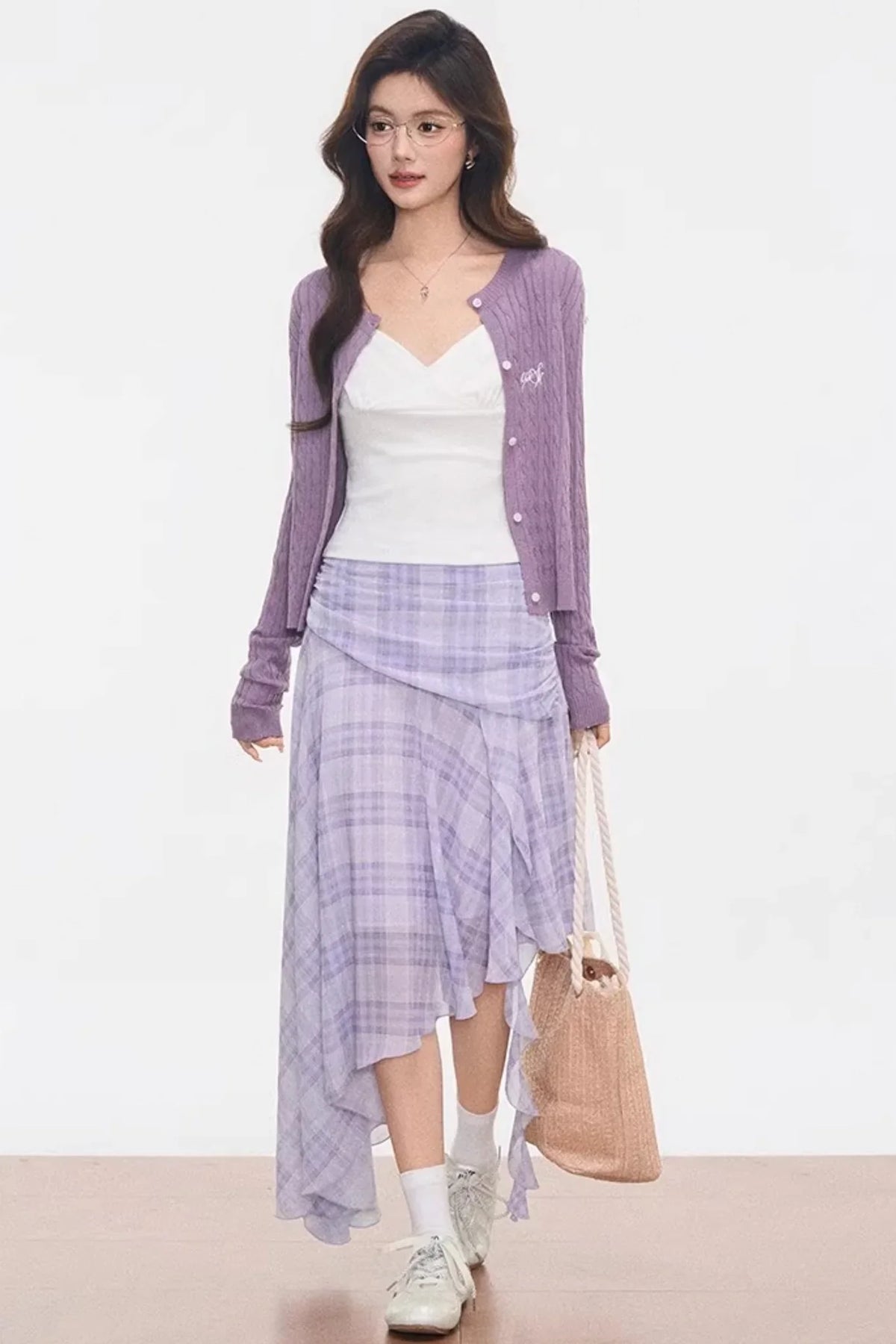 Purple Cardigan Plaid Skirt Set-Up