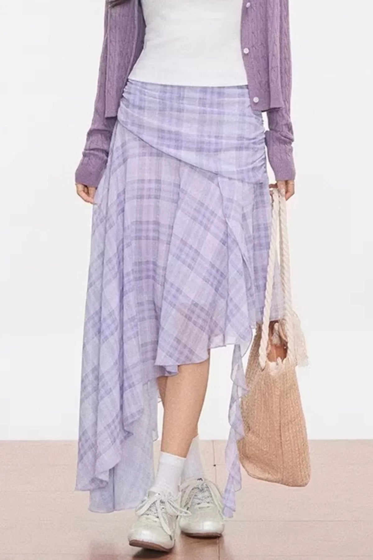 Purple Cardigan Plaid Skirt Set-Up