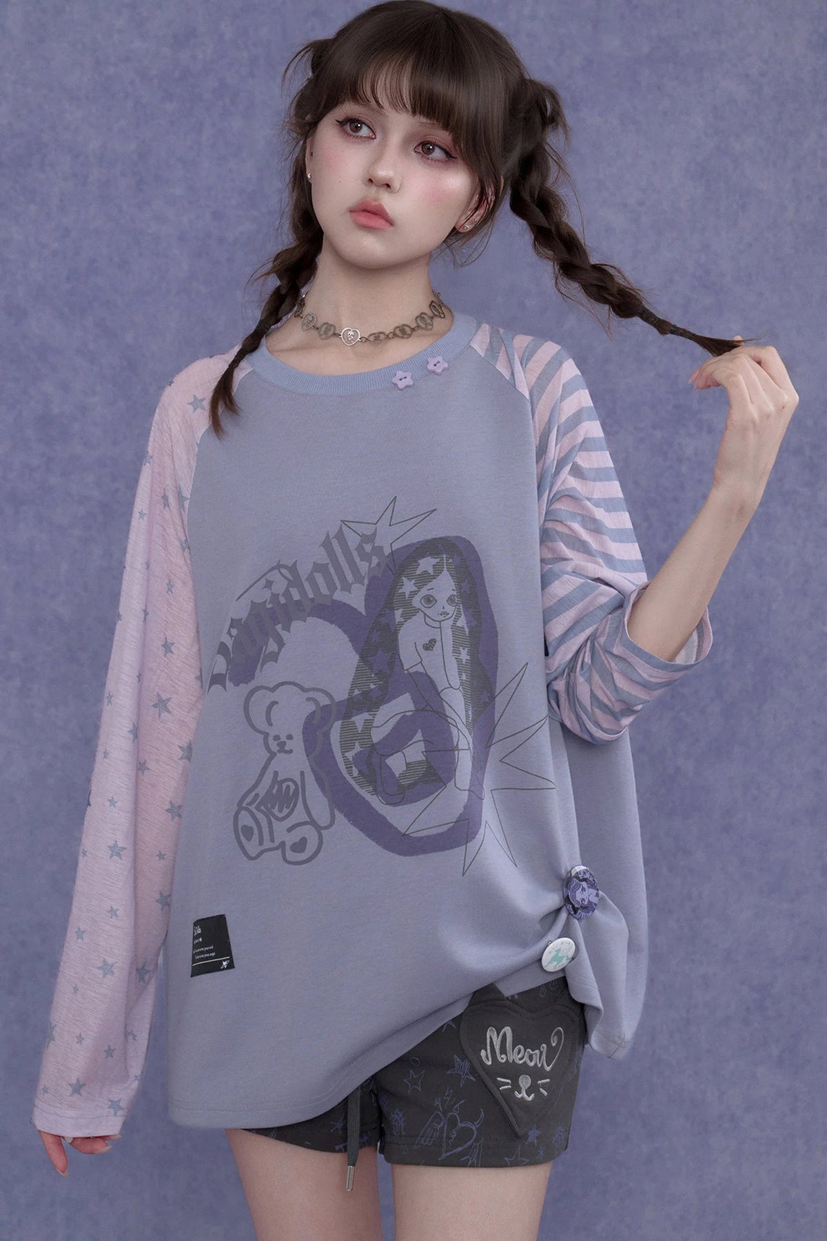 Purple Graffiti Print Raglan Blouse Set-Up