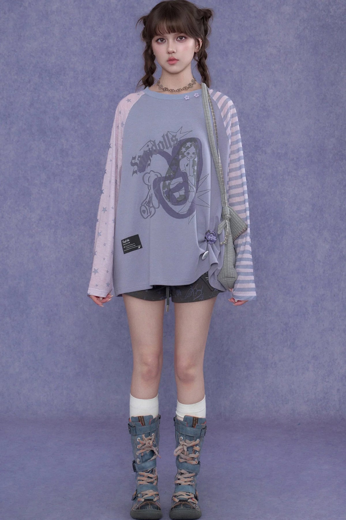 Purple Graffiti Print Raglan Blouse Set-Up