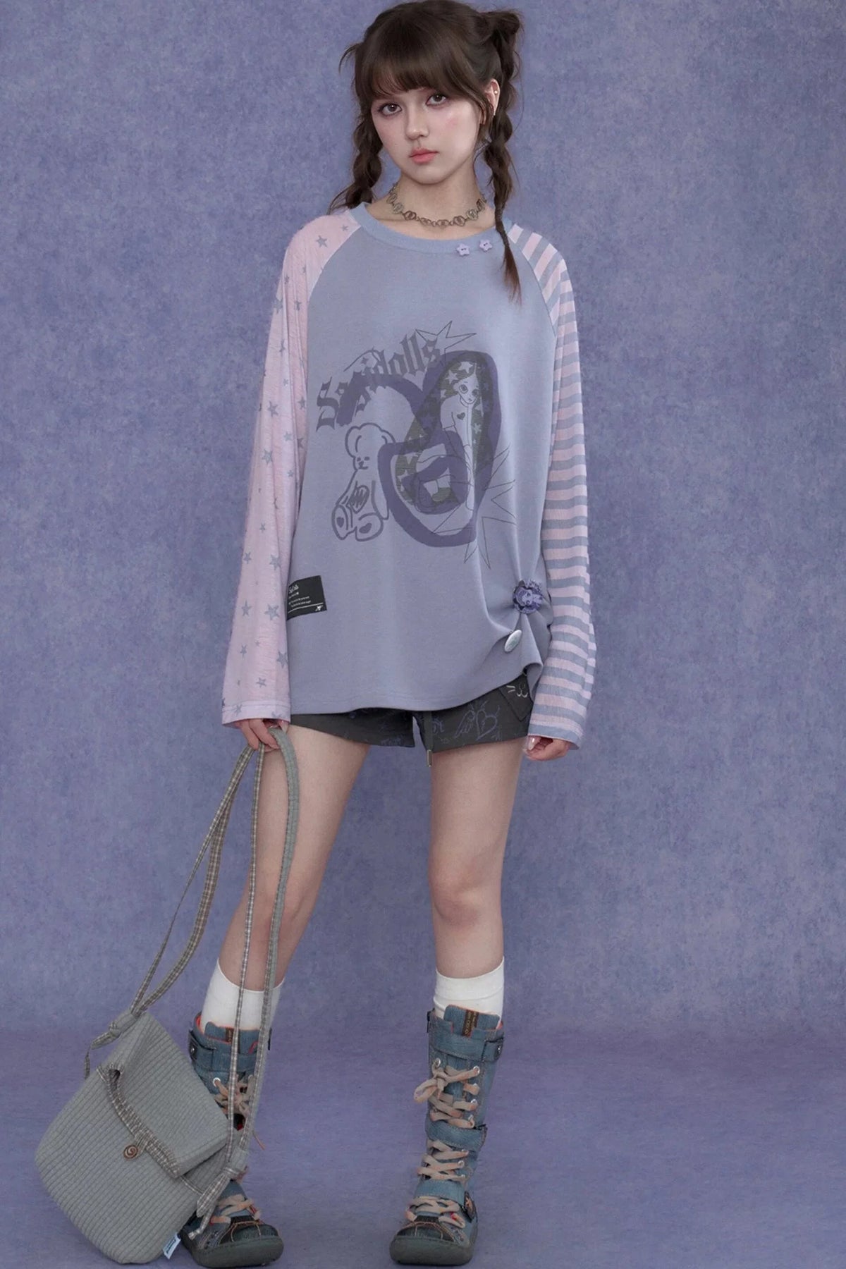 Purple Graffiti Print Raglan Blouse Set-Up