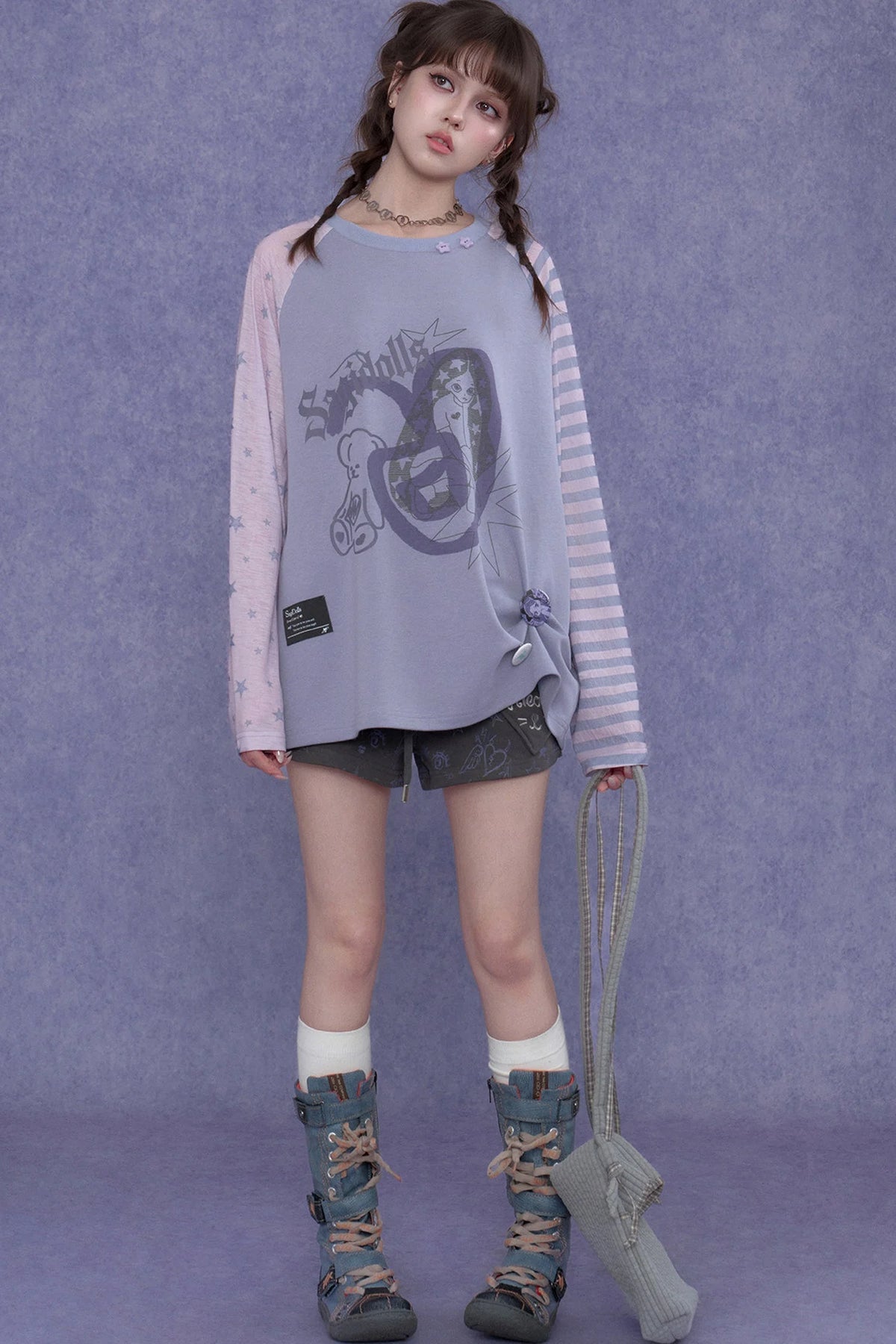 Purple Graffiti Print Raglan Blouse Set-Up
