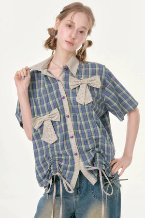 Purple Green Plaid Bow Drawstring Shirt