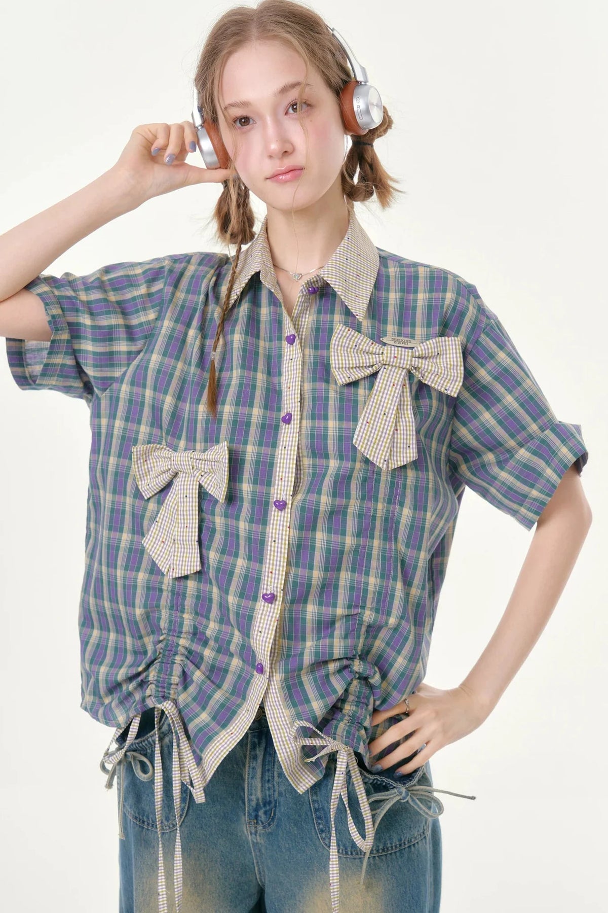 Purple Green Plaid Bow Drawstring Shirt