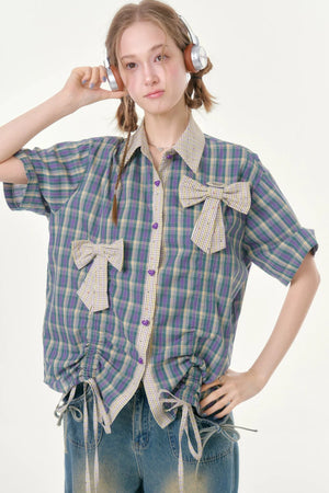 Purple Green Plaid Bow Drawstring Shirt
