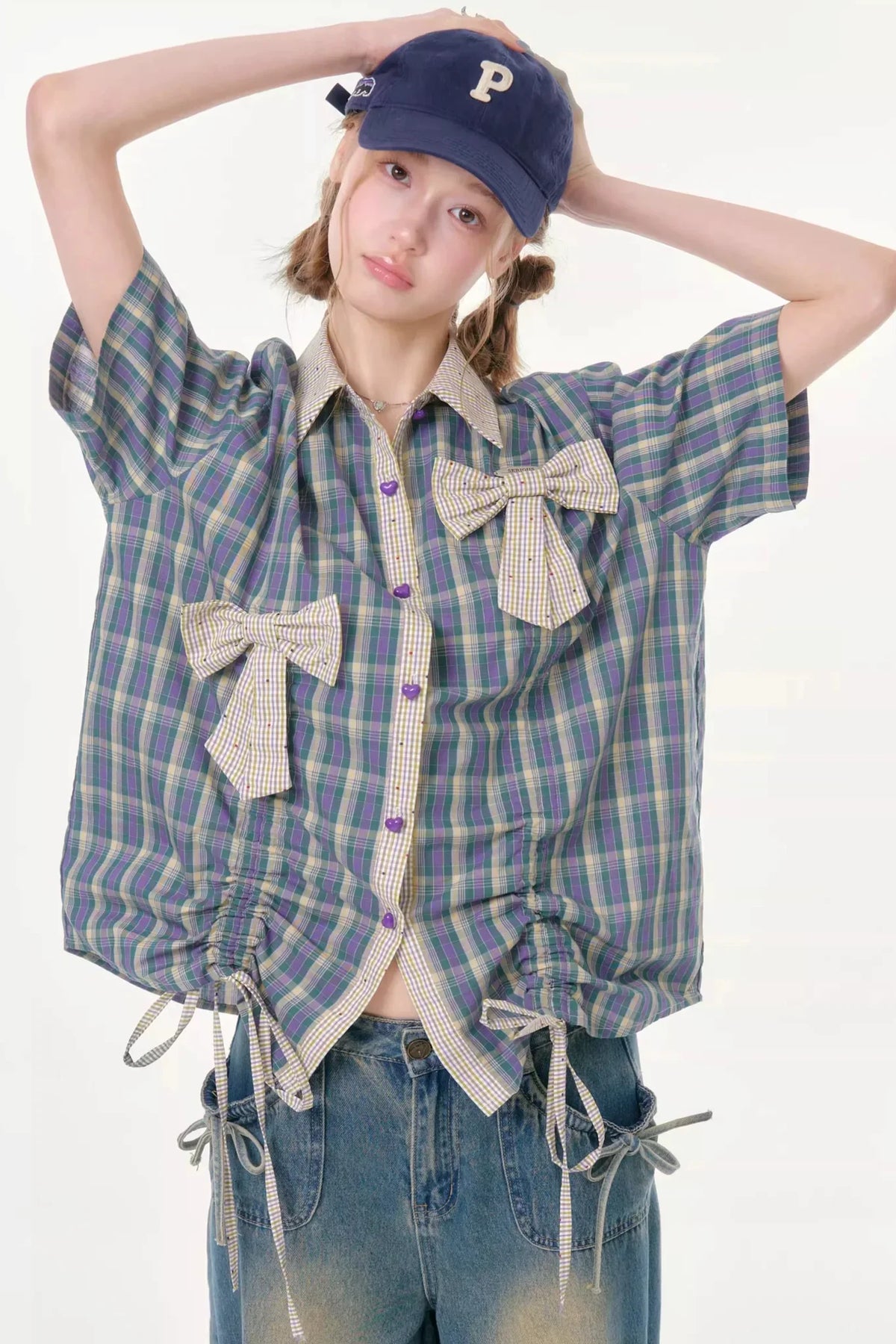 Purple Green Plaid Bow Drawstring Shirt