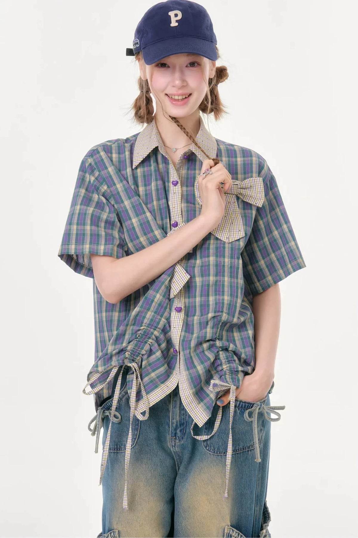 Purple Green Plaid Bow Drawstring Shirt