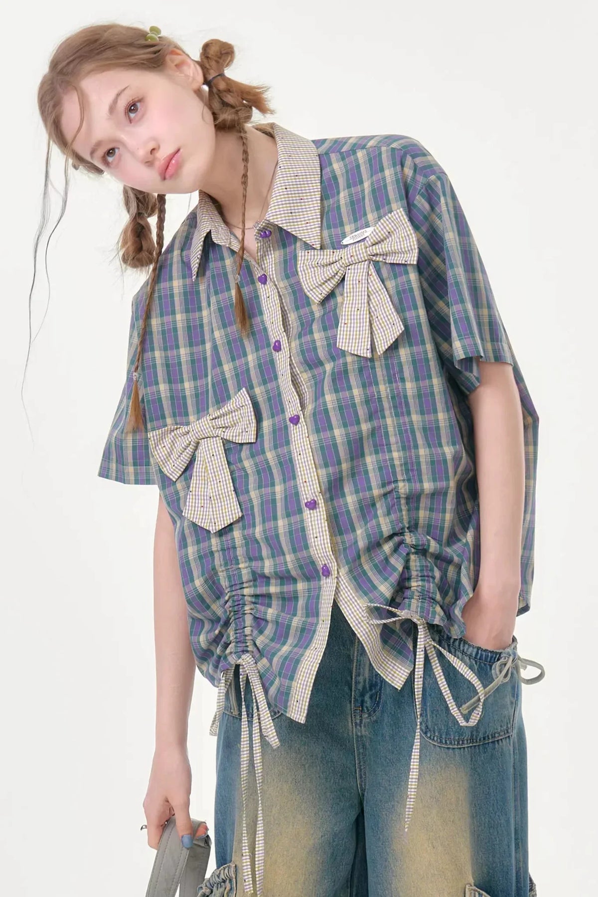Purple Green Plaid Bow Drawstring Shirt