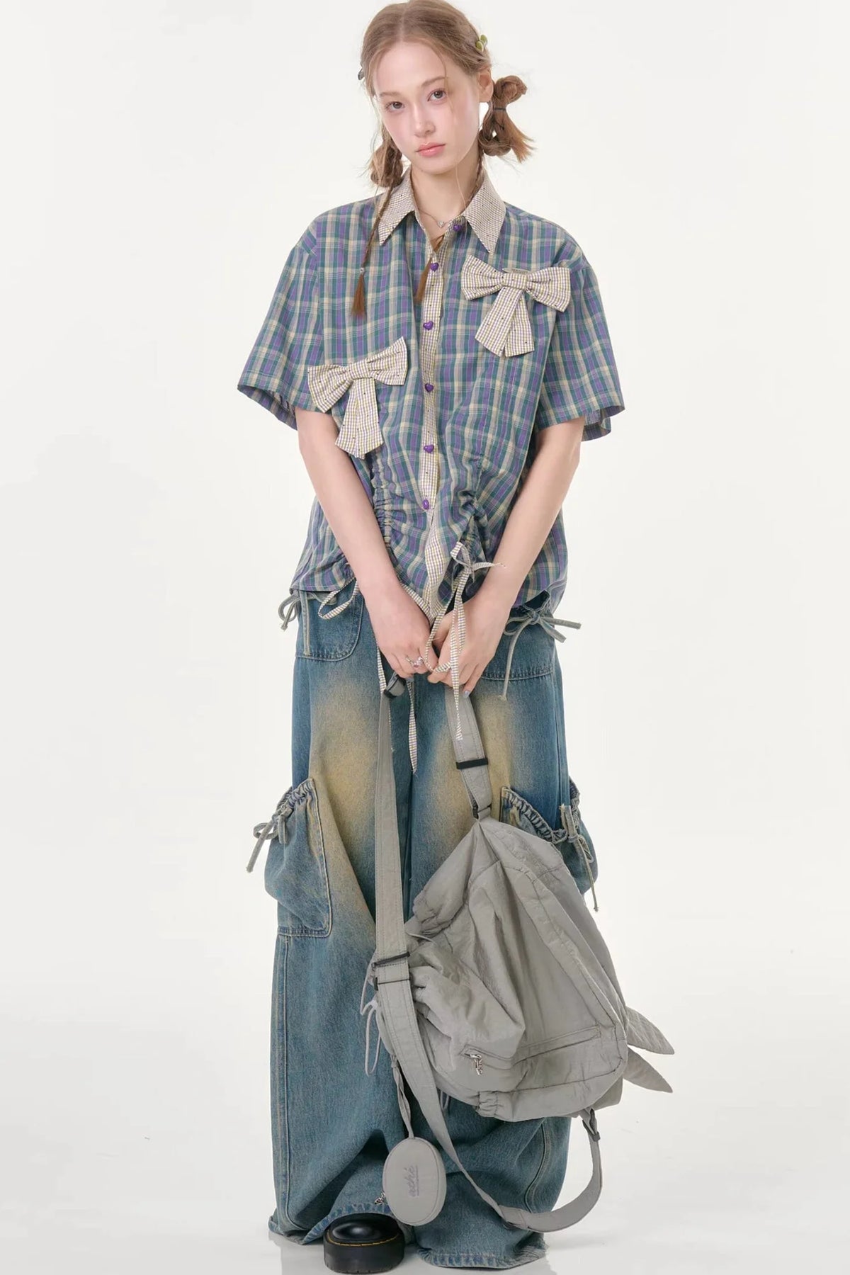 Purple Green Plaid Bow Drawstring Shirt