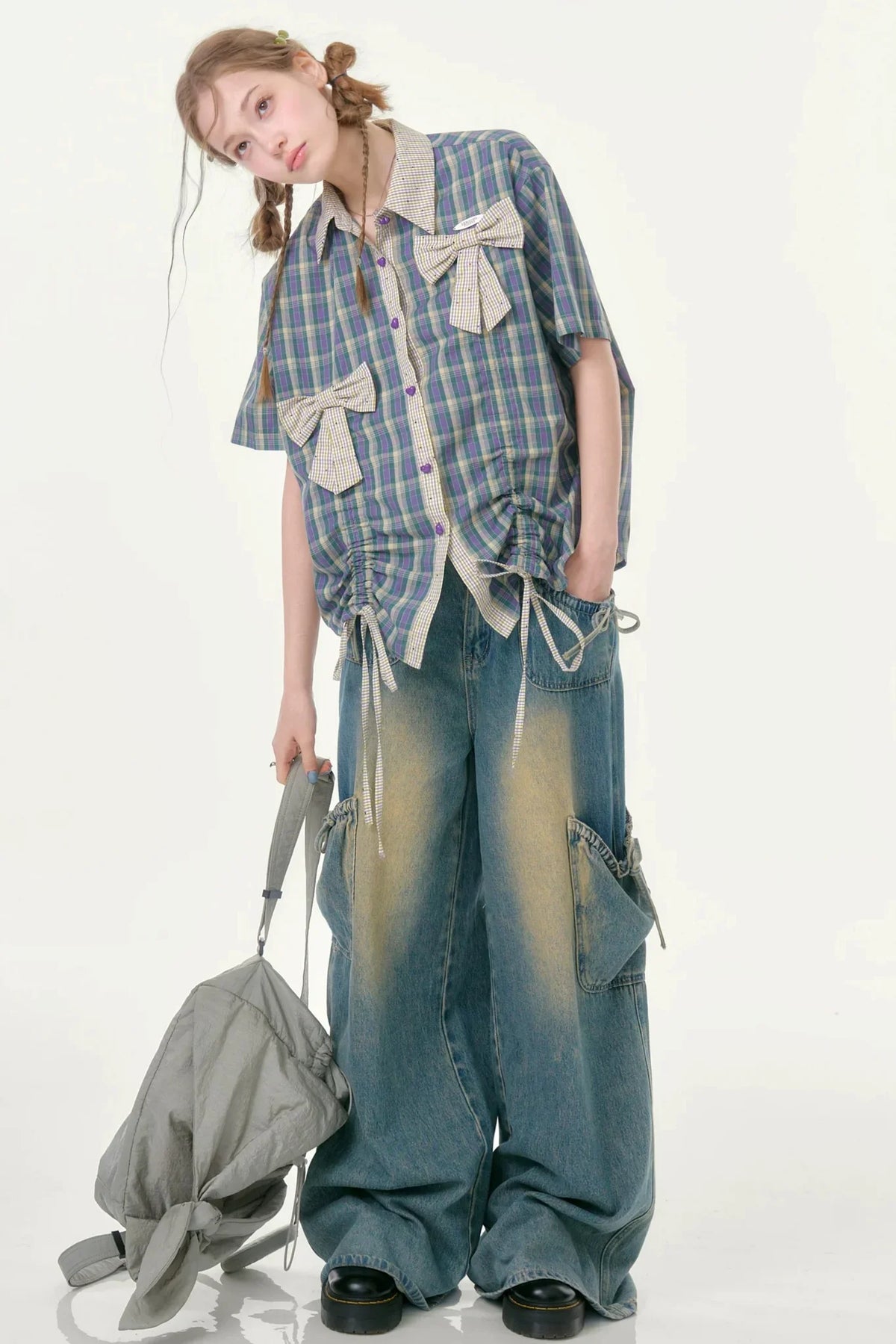Purple Green Plaid Bow Drawstring Shirt