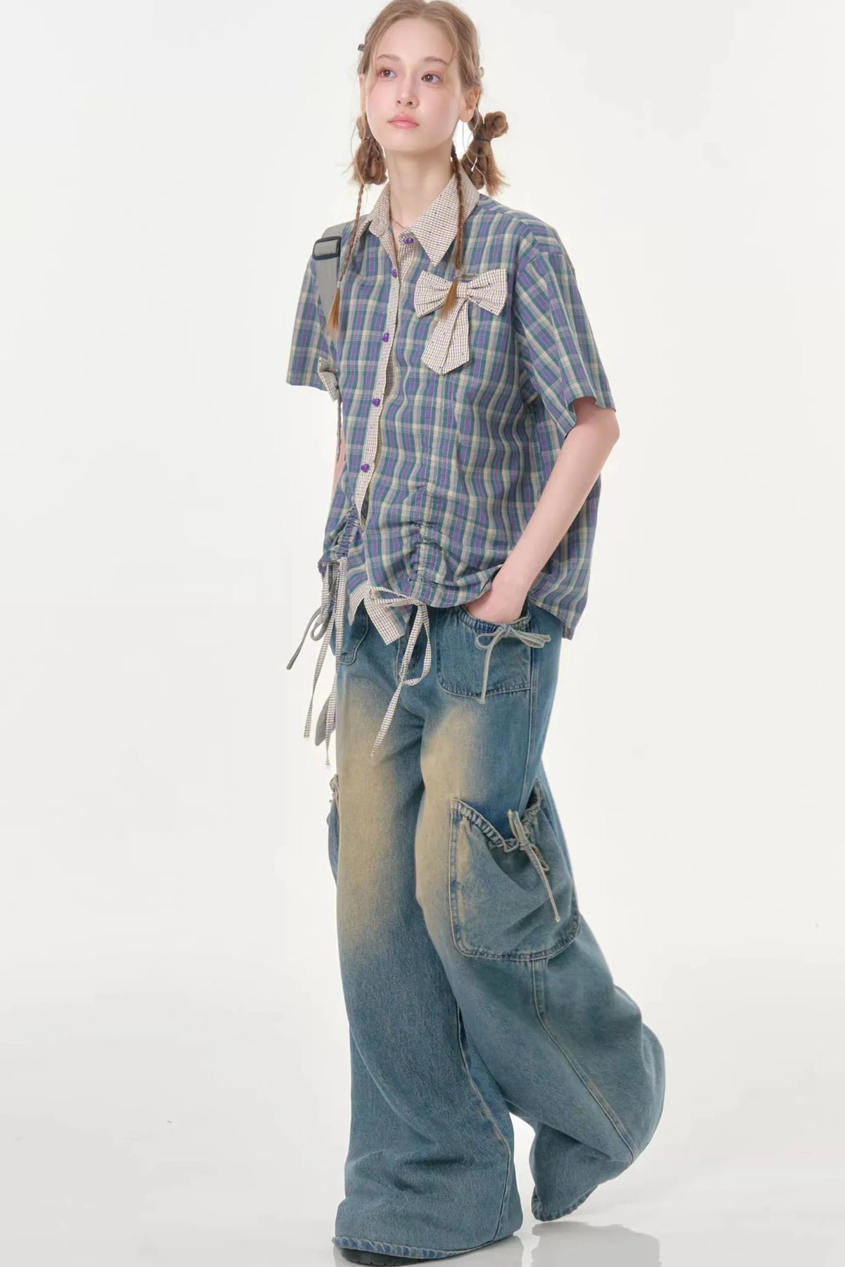 Purple Green Plaid Bow Drawstring Shirt