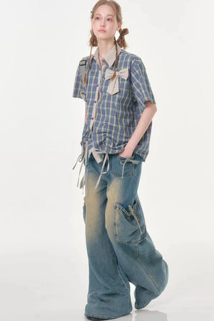 Purple Green Plaid Bow Drawstring Shirt