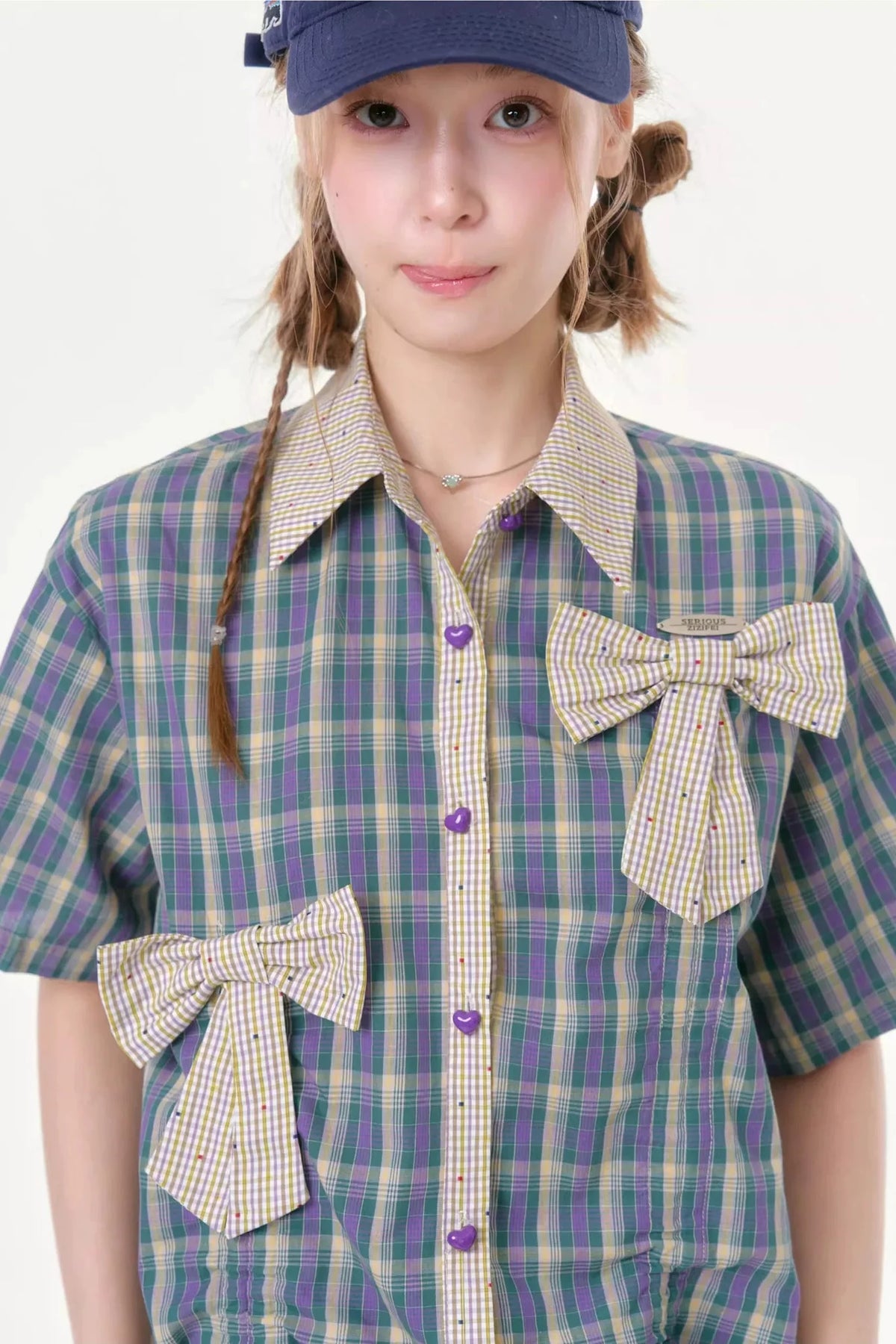 Purple Green Plaid Bow Drawstring Shirt