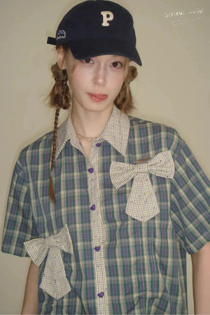Purple Green Plaid Bow Drawstring Shirt
