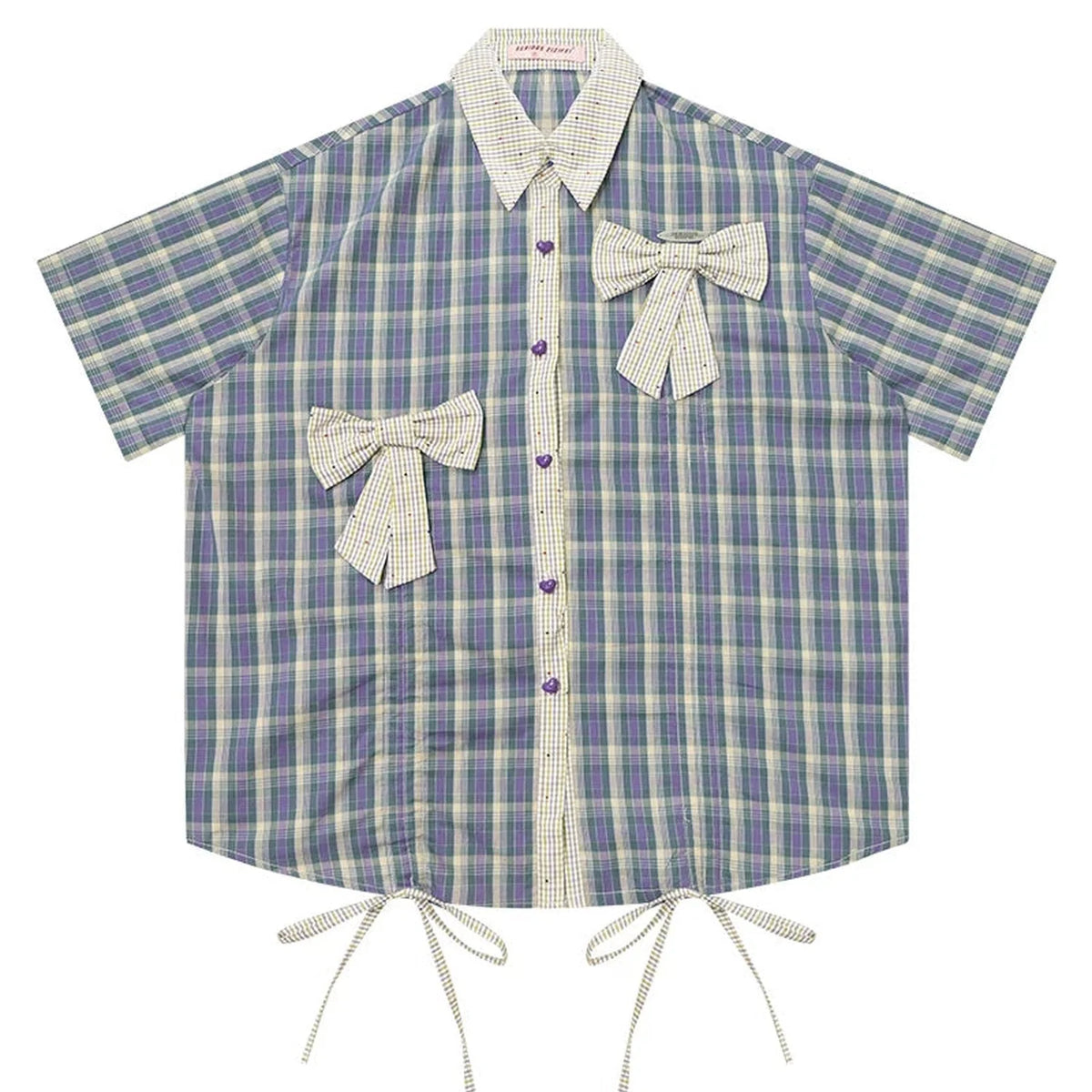 Purple Green Plaid Bow Drawstring Shirt
