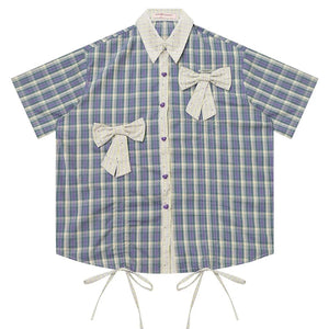 Purple Green Plaid Bow Drawstring Shirt