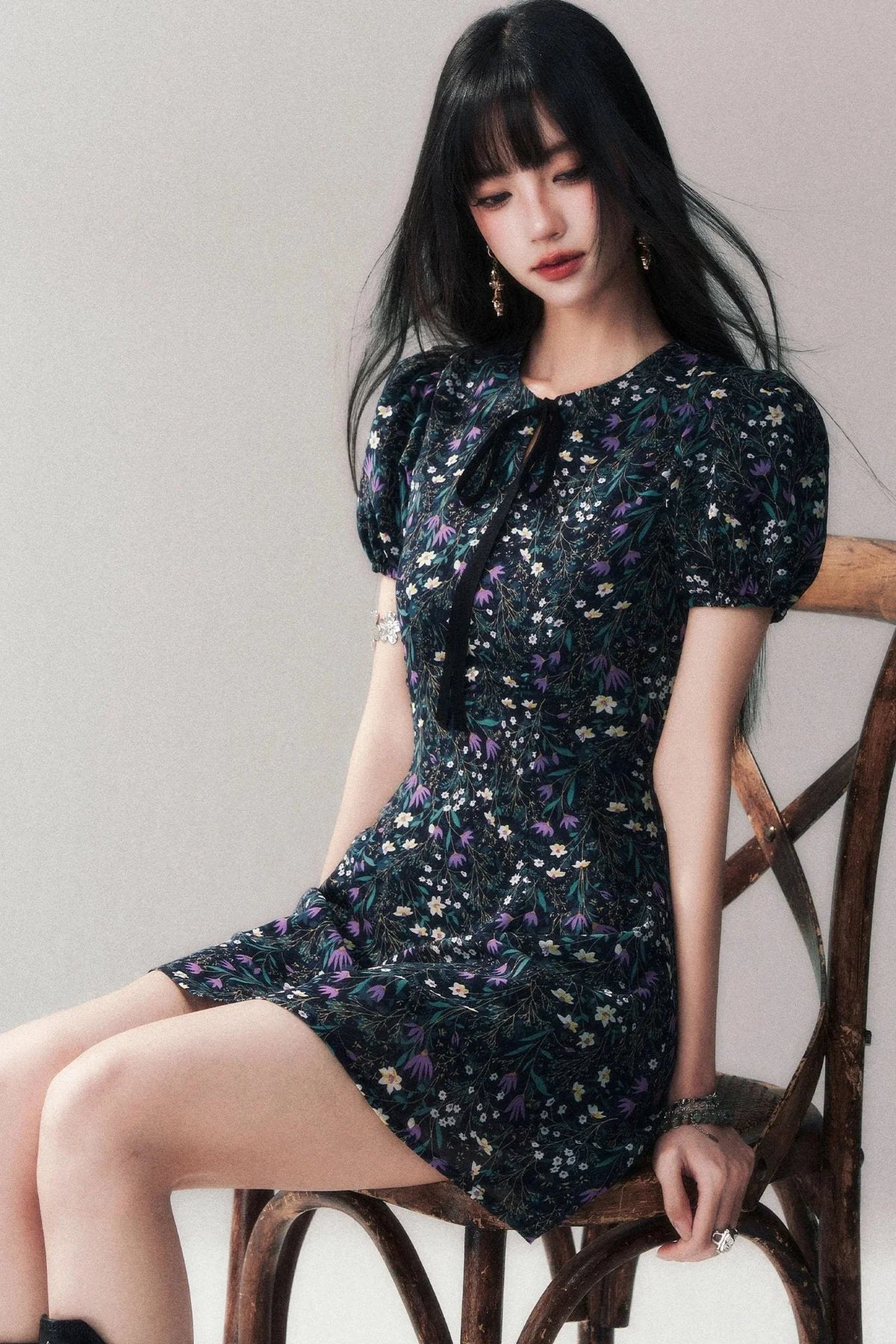 Purple Lilac Floral Puff Sleeve Dress