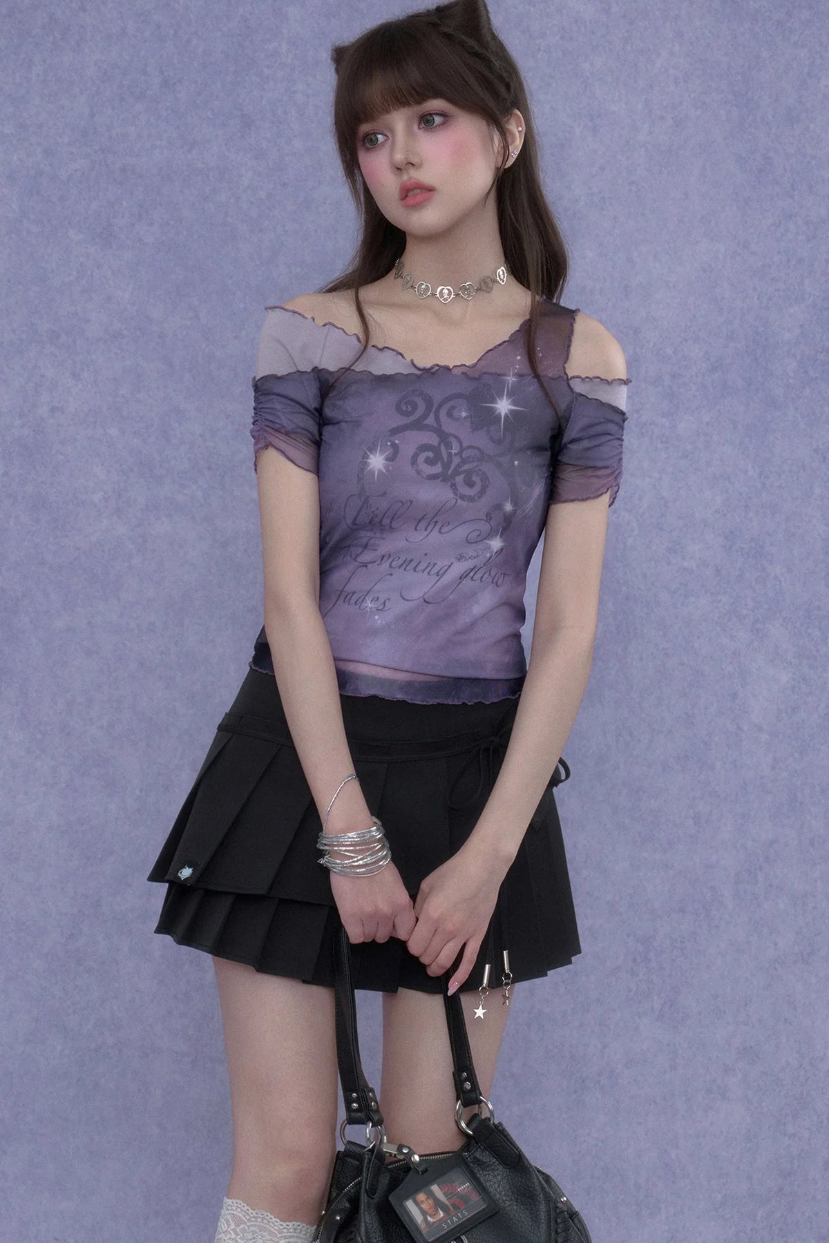 Purple Mesh One-Shoulder Top