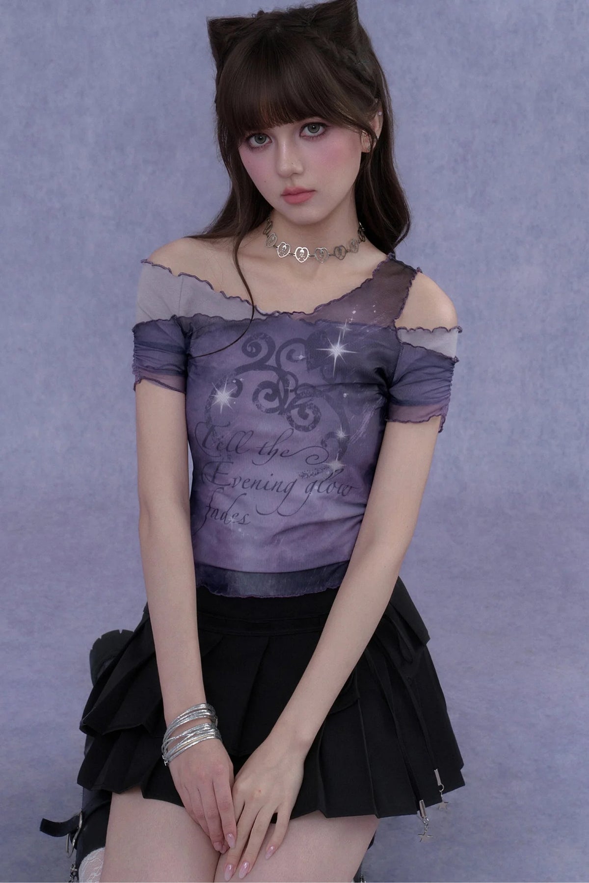 Purple Mesh One-Shoulder Top