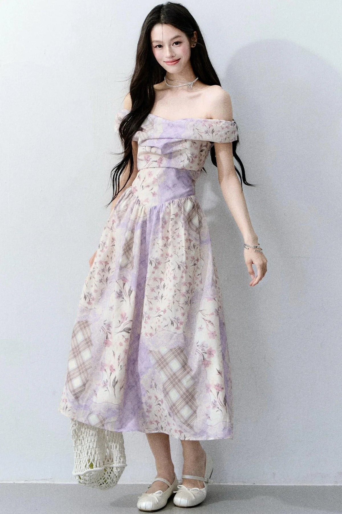 Purple Mist Plaid Off-Shoulder Dress