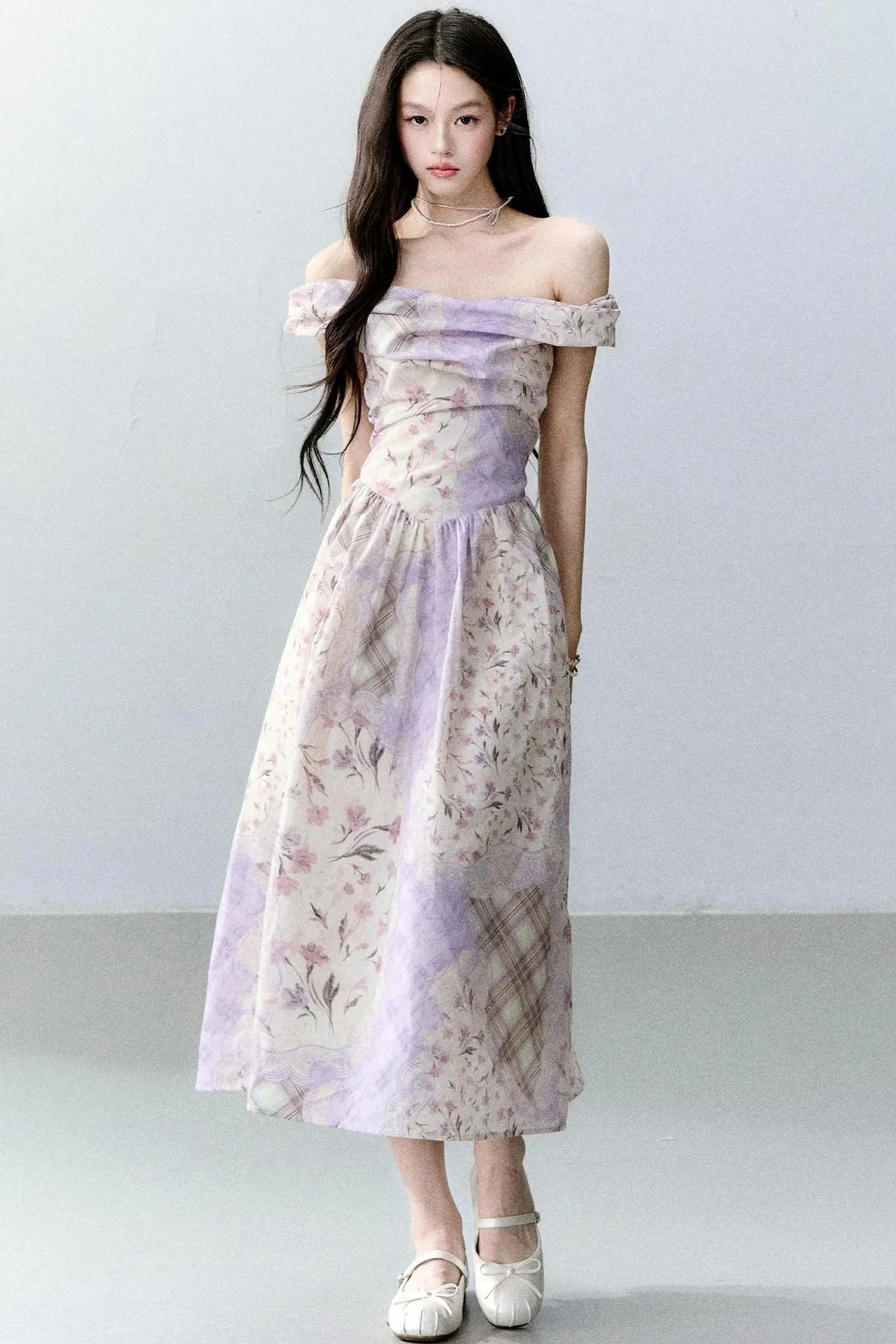 Purple Mist Plaid Off-Shoulder Dress