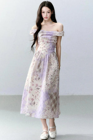 Purple Mist Plaid Off-Shoulder Dress