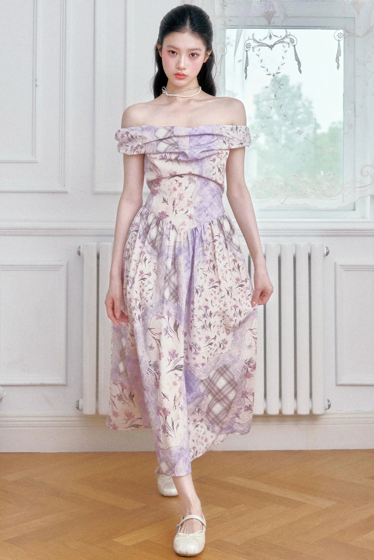 Purple Mist Plaid Off-Shoulder Dress
