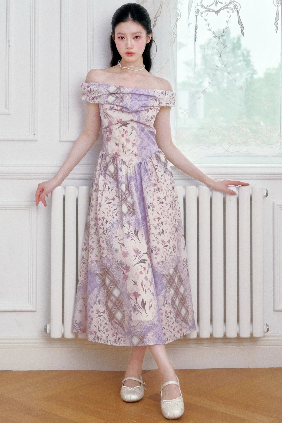 Purple Mist Plaid Off-Shoulder Dress
