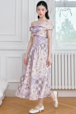 Purple Mist Plaid Off-Shoulder Dress