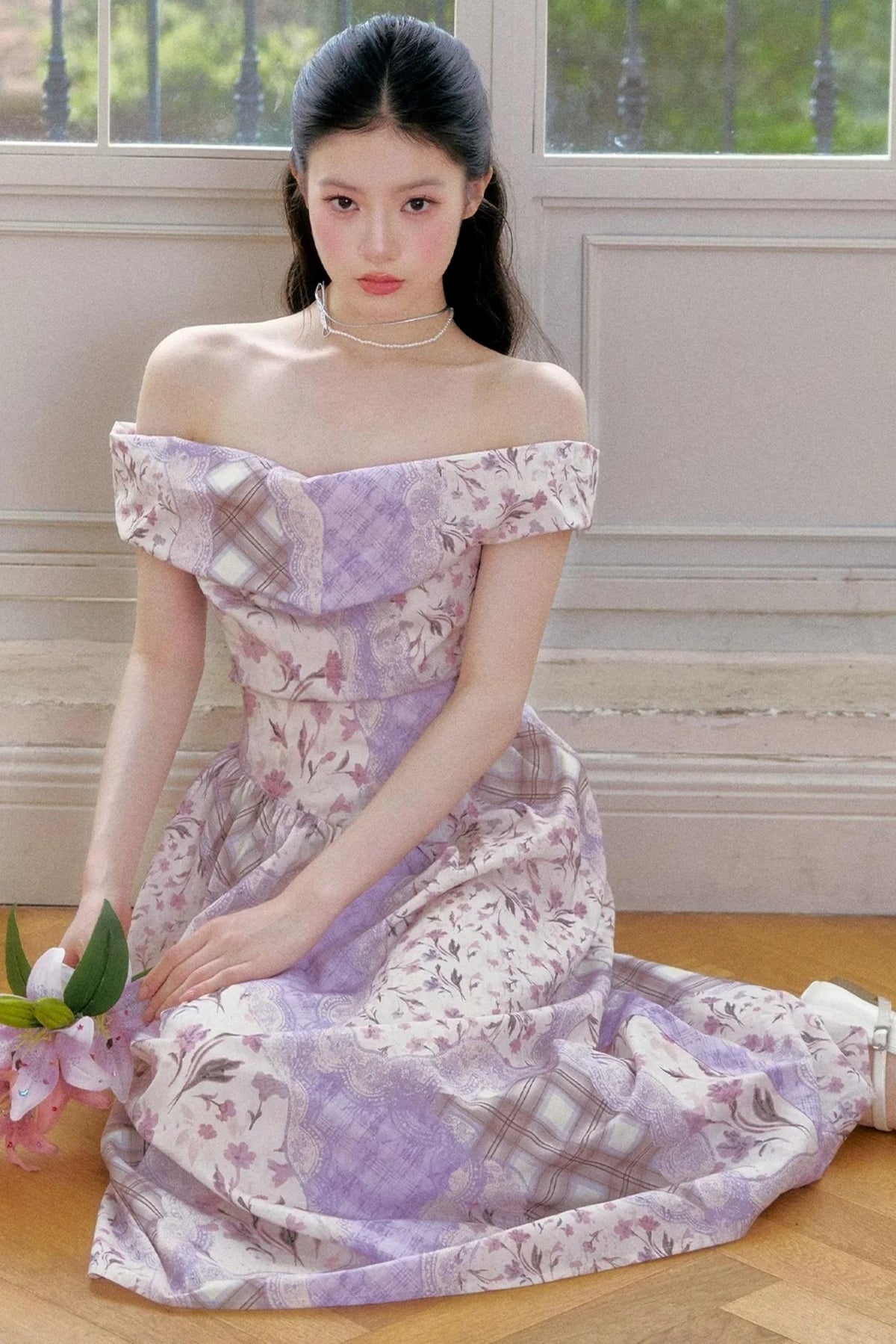 Purple Mist Plaid Off-Shoulder Dress
