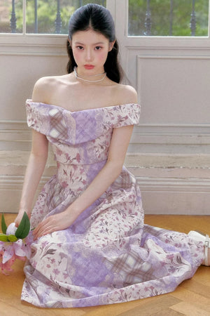 Purple Mist Plaid Off-Shoulder Dress